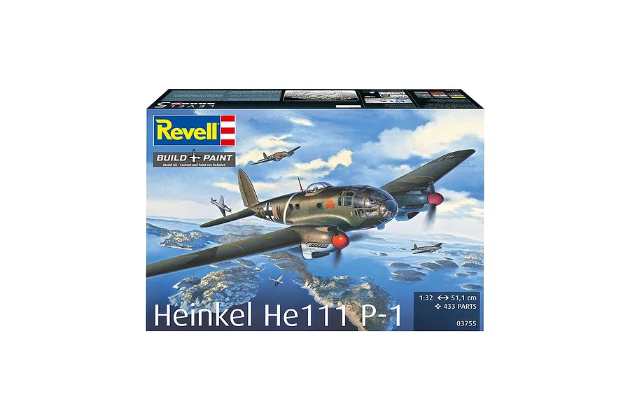 Revell 1/32 scale Heinkel He 111P-1 plastic model aircraft kit box featuring an illustration of the bomber flying over a coastal landscape.