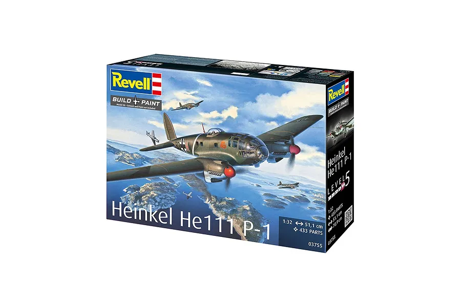 Revell 1/32 scale Heinkel He 111 P-1 plastic model aircraft kit box showing box art of the bomber flying over a coastal landscape.