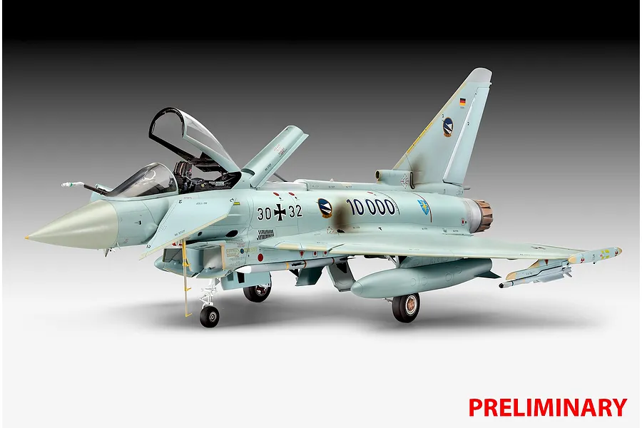 A fully assembled and painted 1/32 scale Revell Eurofighter Typhoon model aircraft on a white background.