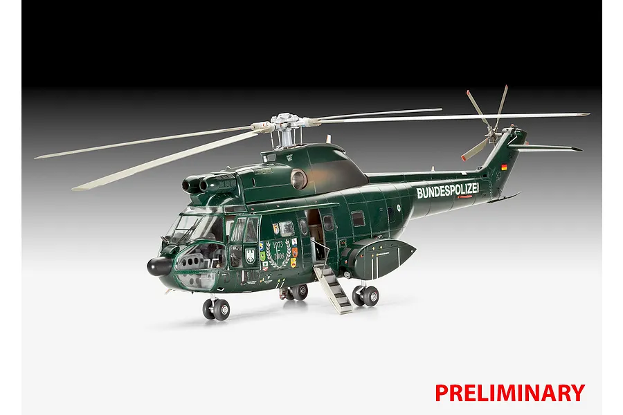 A completed 1/32 scale plastic model kit of a dark green German Bundespolizei SA 330 Puma helicopter on a white background.
