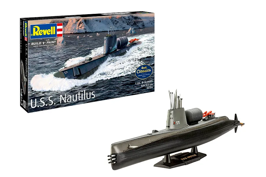 Revell 1/305 scale U.S.S. Nautilus submarine plastic model kit box and assembled model on display stand.