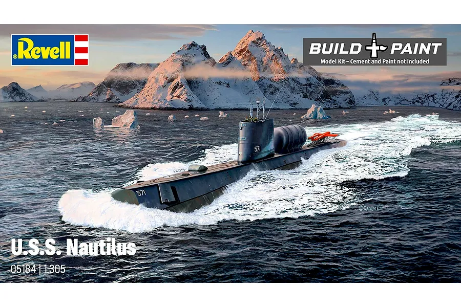 Box art for a Revell 1/305 scale U.S.S. Nautilus submarine model kit, showing the submarine sailing through icy waters with snowy mountains in the background.