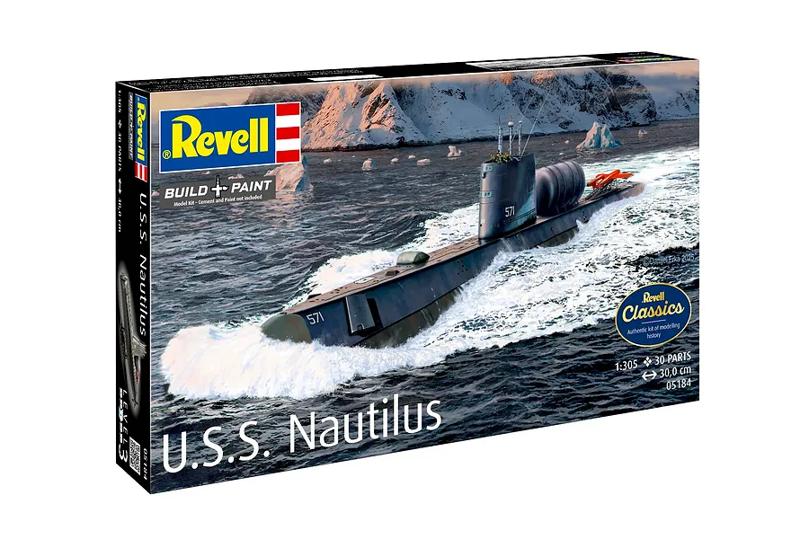 Revell 1/305 scale U.S.S. Nautilus submarine plastic model kit box showing an illustration of the submarine in icy waters.
