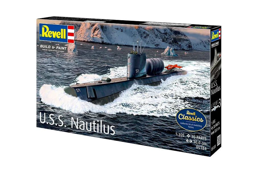 Revell 1/305 scale U.S.S. Nautilus submarine plastic model kit box art showing the submarine in icy waters.
