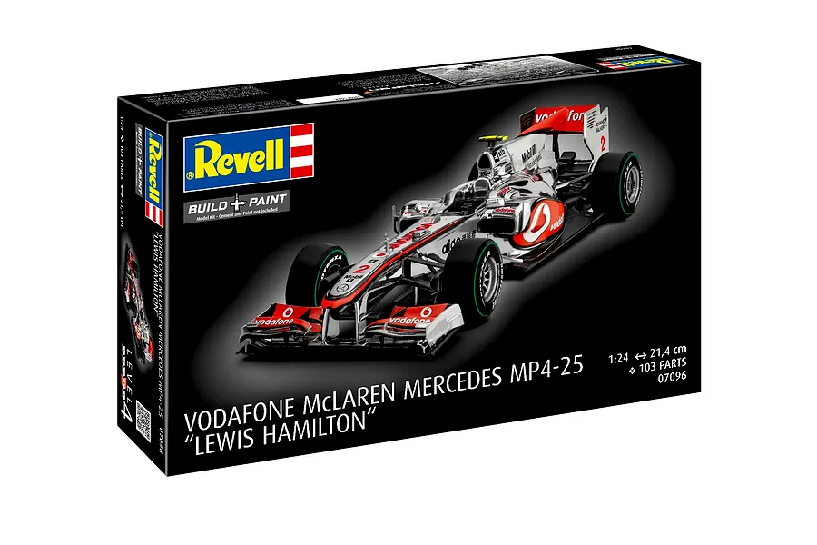Revell 1/24 scale Vodafone McLaren Mercedes MP4-25 Lewis Hamilton model kit box showing a finished Formula 1 car model.