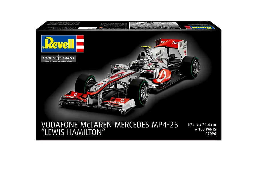 Revell 1/24 scale Vodafone McLaren Mercedes MP4-25 Lewis Hamilton model kit box showing the finished car model.