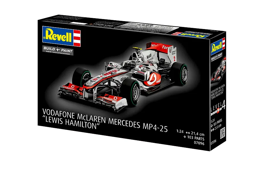 Revell 1/24 scale Vodafone McLaren Mercedes MP4-25 Lewis Hamilton plastic model kit box showing the assembled race car.