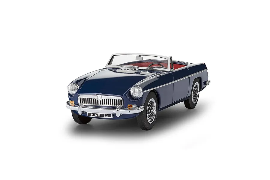 A studio shot of a dark blue MGB Roadster scale model car with a red interior, viewed from the front three-quarter angle.
