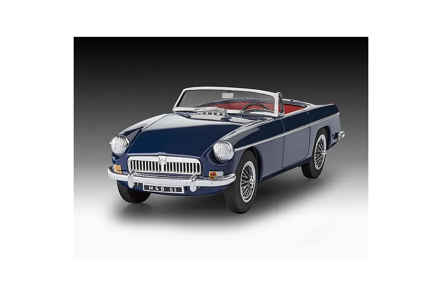 A studio shot of a completed 1/32 scale Revell MGB Roadster model car in dark blue with a red interior.