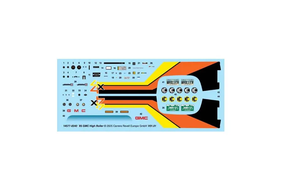 A decal sheet for the Revell 1/25 '85 GMC Jimmy High Roller model kit, featuring various logos, license plates, and technical markings on a blue background.