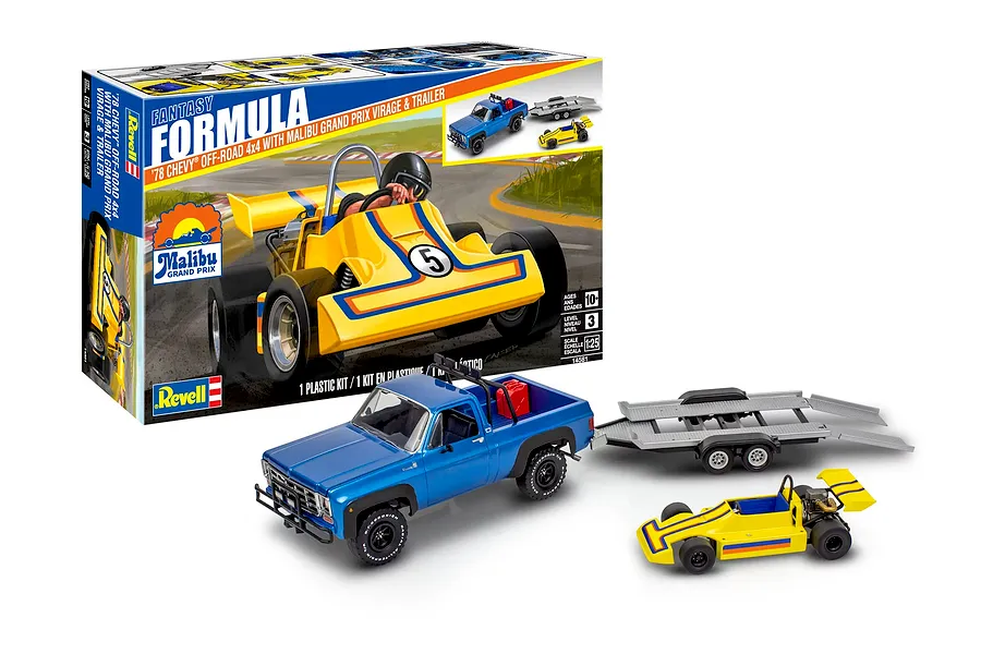 Revell 1/25 scale 1978 Chevy 4x4 pickup model kit with a trailer and yellow go-kart, shown with its product packaging box.