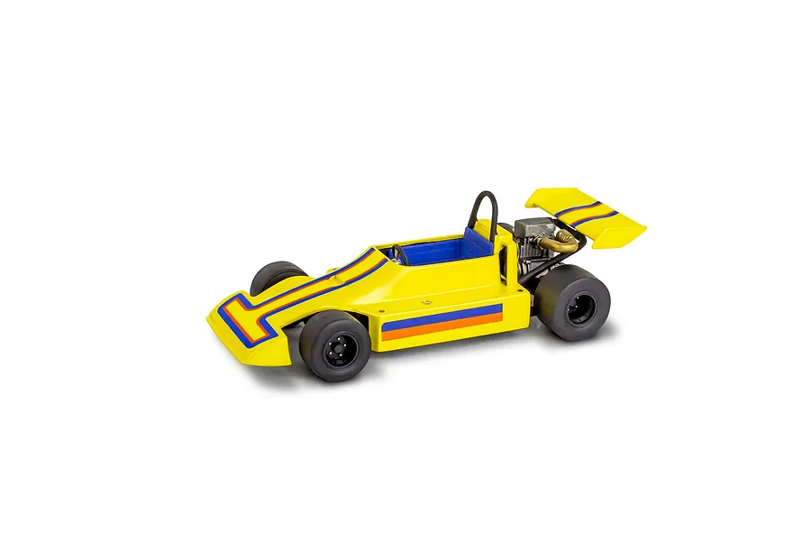 A yellow scale model go-kart with blue and orange racing stripes, featuring a rear wing and exposed engine, isolated on a white background.