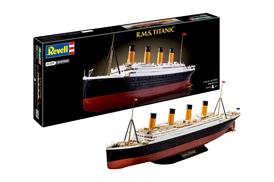 Revell 1/600 scale R.M.S. Titanic Easy Click model kit box and the fully assembled model ship on a display stand.