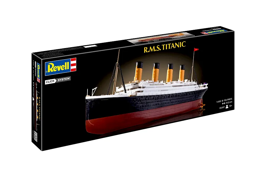 Revell 1/600 scale R.M.S. Titanic Easy Click plastic model kit box showing the assembled ship model against a black background.