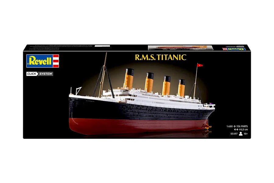 Product packaging for the Revell 1/600 scale R.M.S. Titanic Easy Click plastic model kit, showing a finished model of the ship against a black background.