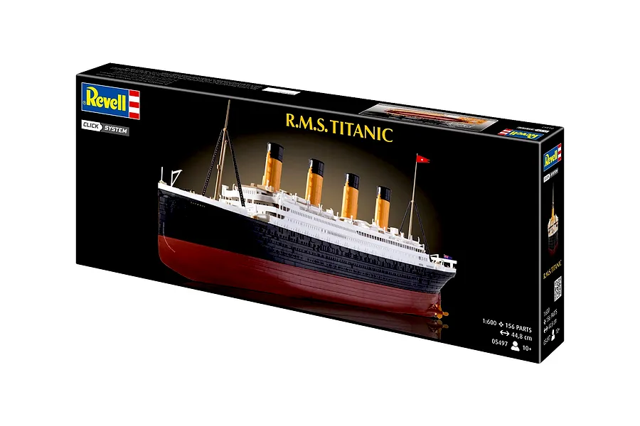 Revell 1/600 scale R.M.S. Titanic Easy Click plastic model kit box showing the finished ship model on a black background.