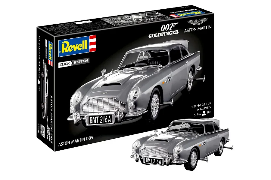 Revell 1/24 scale James Bond Aston Martin DB5 model kit box and assembled model car on a white background.
