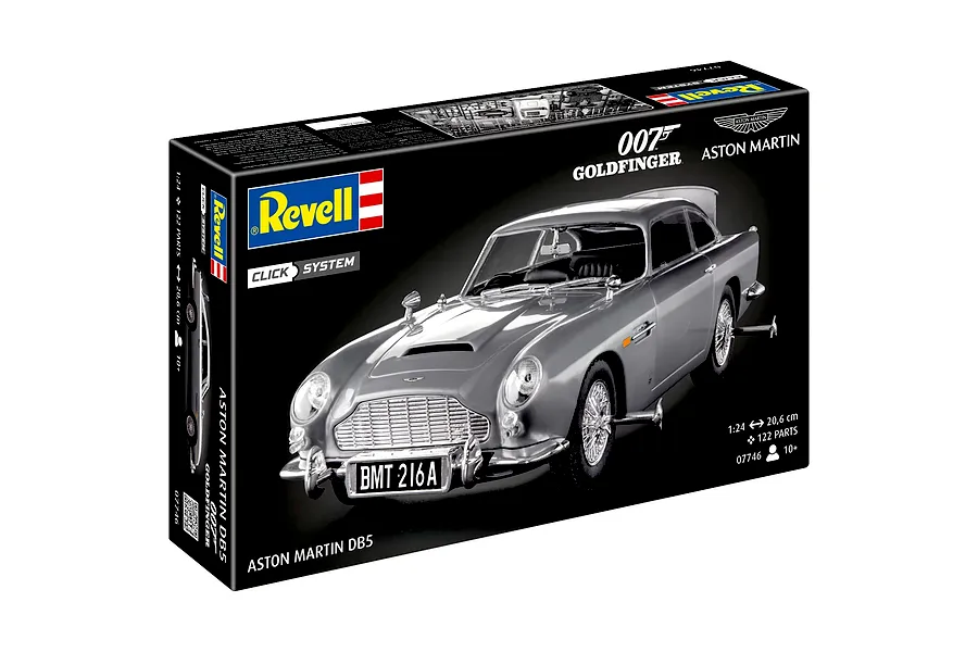 Revell 1/24 scale James Bond Aston Martin DB5 Goldfinger model kit packaging box showing the assembled silver car.