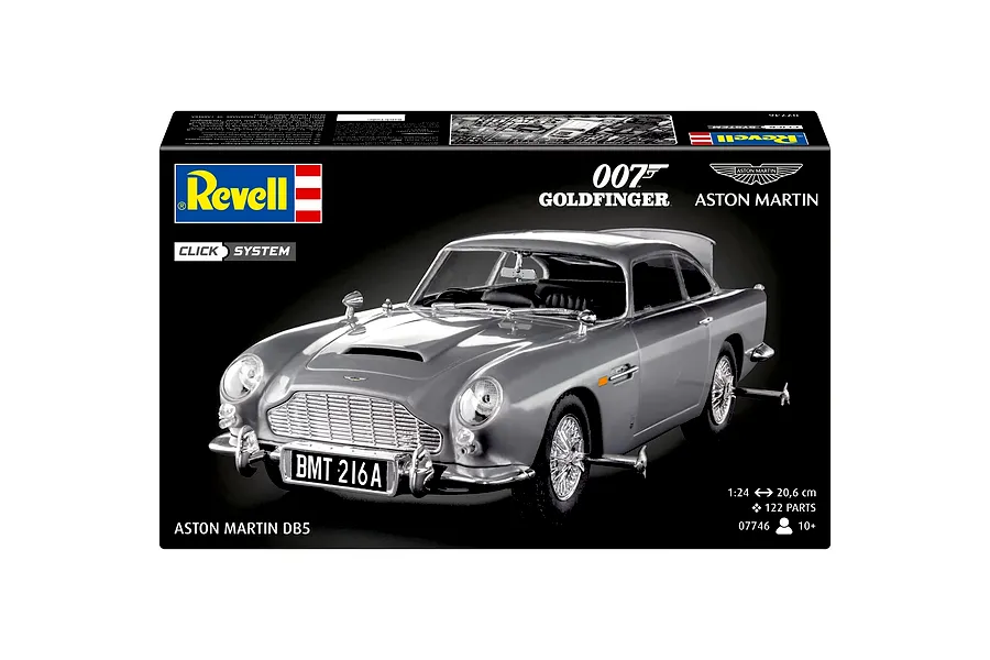 Revell 1/24 scale James Bond Aston Martin DB5 Goldfinger model kit box showing the finished silver car with BMT 216A license plate.