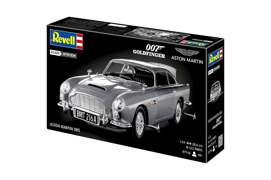 Revell 1/24 scale James Bond Aston Martin DB5 model kit box featuring a silver car with BMT 216A license plate on a black background.