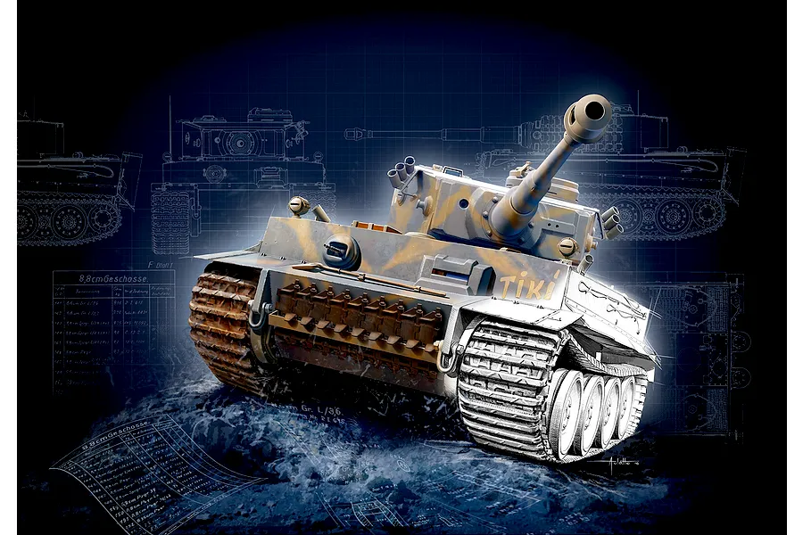 Artistic illustration of a German Tiger I tank with camouflage, set against a blue technical blueprint background.