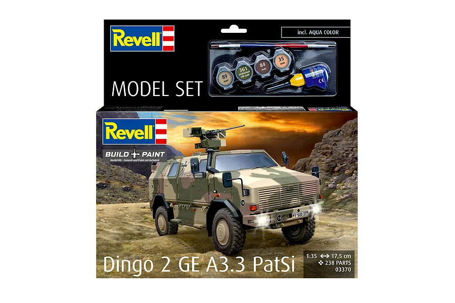 Revell 1/35 scale Dingo 2 GE A3.3 PatSi model kit box showing a camouflaged military vehicle and included paints and glue.