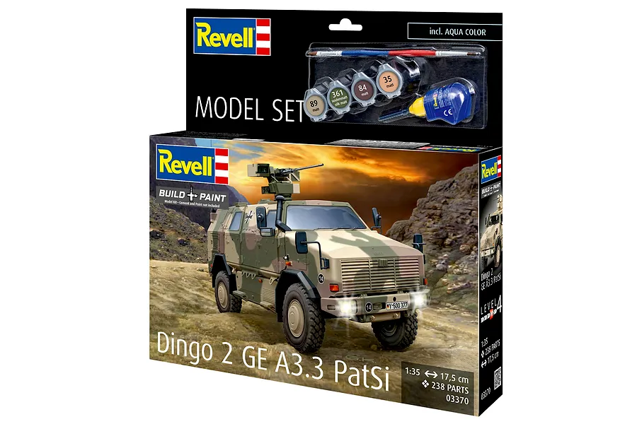 Revell 1/35 scale Dingo 2 GE A3.3 PatSi plastic model kit box featuring a camouflage armoured vehicle in a desert landscape.