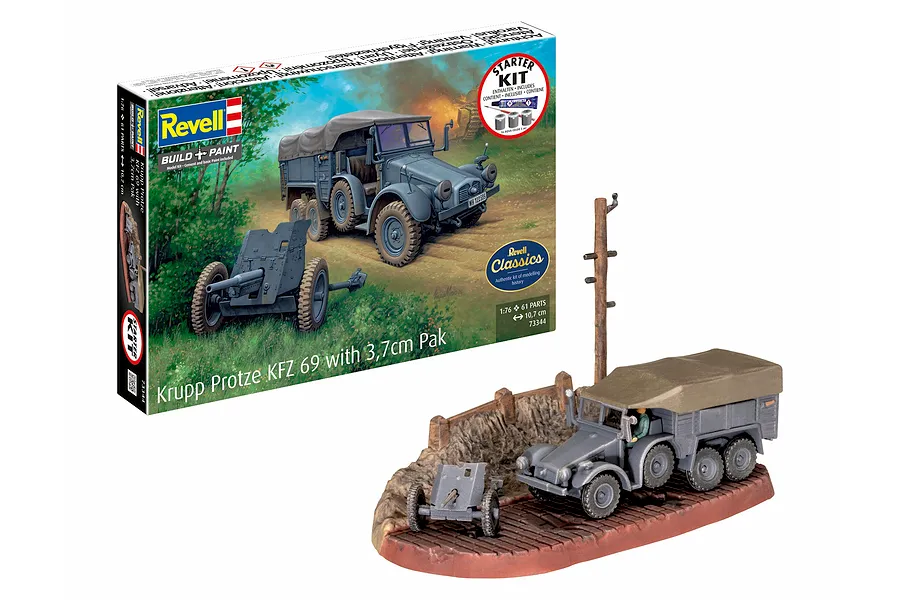 Revell 1/76 scale Krupp Protze KFZ 69 with 3.7cm Pak plastic model kit box and a fully assembled, painted model on a diorama base.
