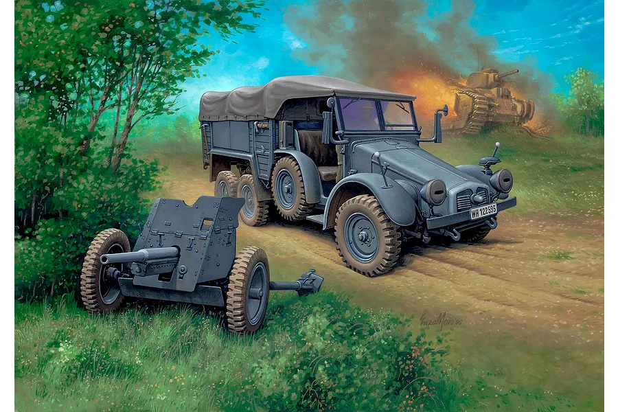 Box art illustration of a German Krupp Protze KFZ 69 truck towing a 3.7cm Pak anti-tank gun in a battlefield setting.