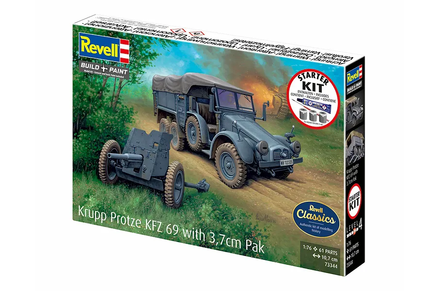 Revell 1/76 scale Krupp Protze KFZ 69 with 3.7cm Pak model kit box, featuring artwork of the vehicle and anti-tank gun in a field setting.
