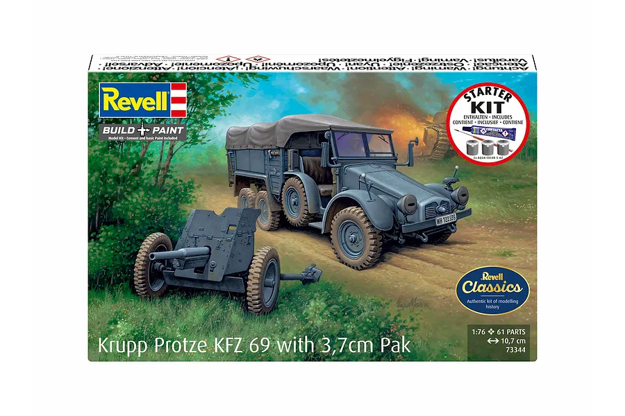 Revell 1/76 scale Krupp Protze KFZ 69 with 3.7cm Pak model kit box art showing a grey military truck and anti-tank gun in a field.