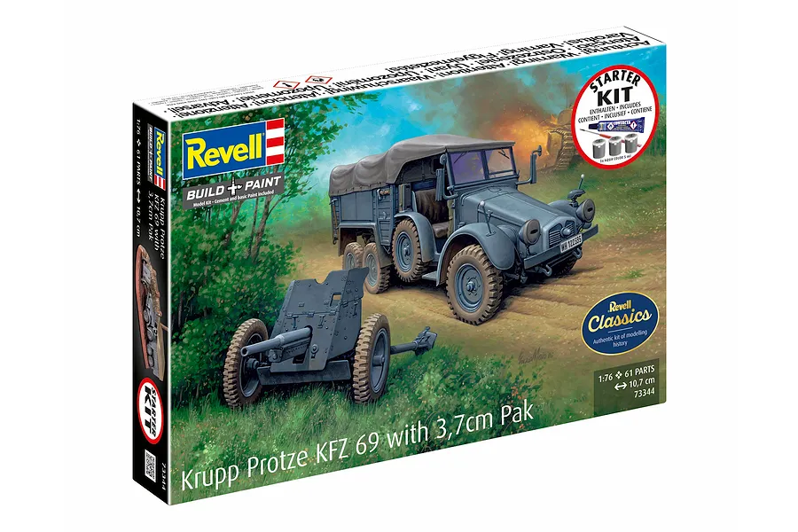 Revell 1/76 scale Krupp Protze KFZ 69 with 3.7cm Pak model kit box showing the assembled vehicle and artillery piece in a field setting.
