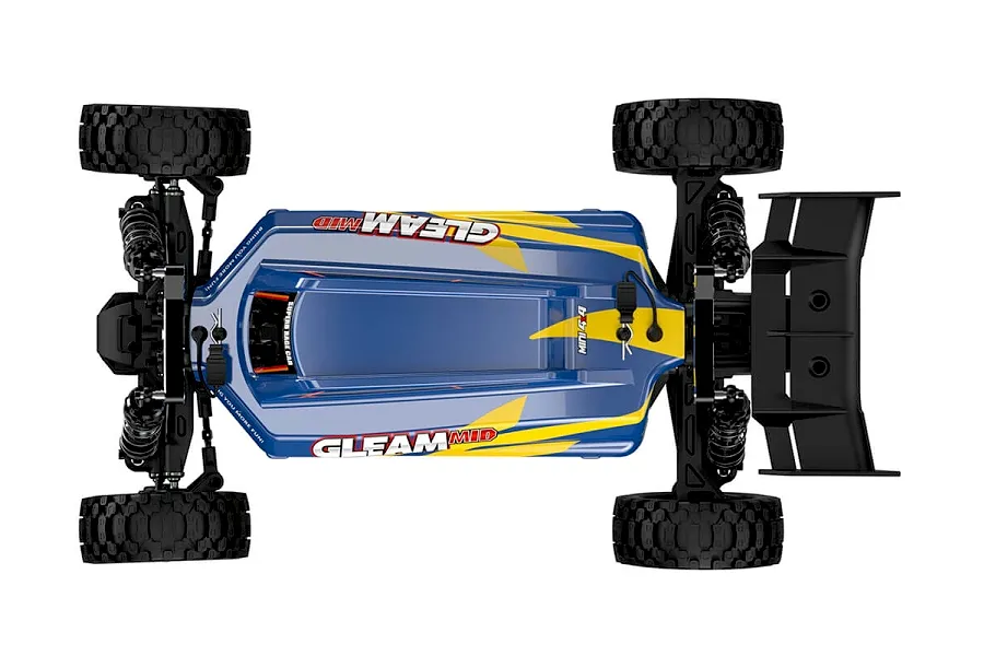 Top-down view of the UDI RC Gleam Mid 1/12 scale blue and yellow RC buggy on a white background.