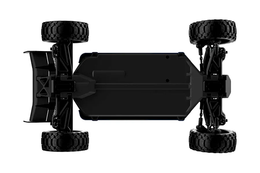 Top-down view of the UDI RC Gleam Mid RC buggy chassis showing the black plastic tub, suspension arms, and off-road tires.