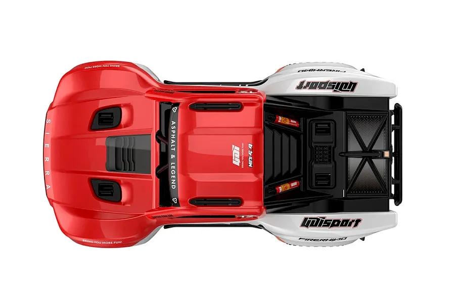 Top-down view of the UDI RC Mini Sierra 4x4 short course truck in red and white, showing the body shell details.