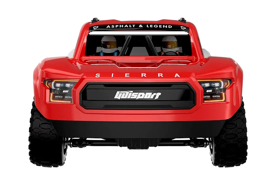 Front view of the red UDI RC Mini Sierra 4x4 short course truck showing the grille, headlights, and driver figures inside the cabin.