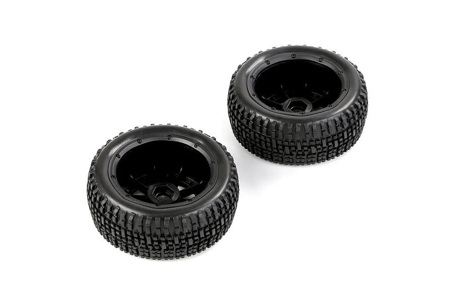 Two Rovan 1/5 scale short course RC truck tyres mounted on black beadlock rims against a white background.