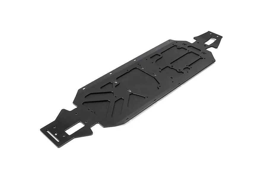 A black Rovan aluminium main chassis plate for an RC vehicle, shown from a high-angle perspective against a white background.
