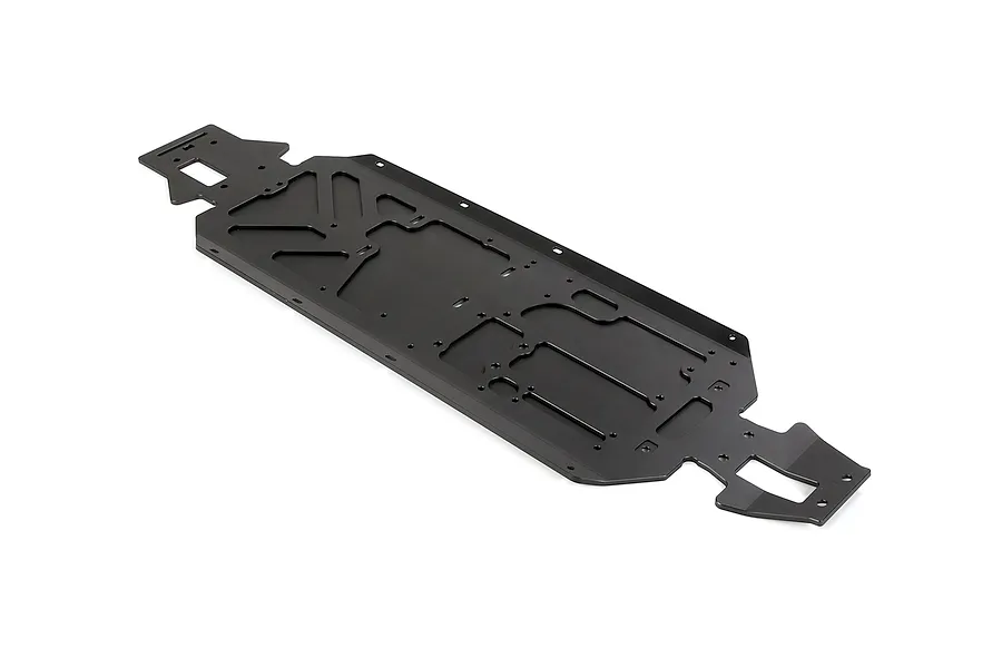 A black anodized aluminium main chassis plate for an RC vehicle, featuring various cutouts and mounting holes, isolated on a white background.