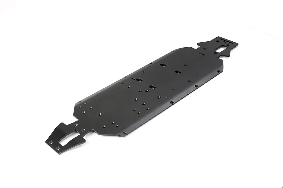 A black Rovan aluminium main chassis plate for an RC vehicle, shown from a high-angle perspective against a white background.