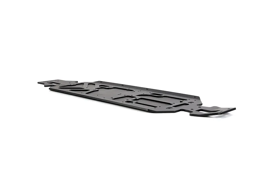 A black Rovan aluminium main chassis plate for an RC vehicle, shown from a low-angle perspective against a white background.
