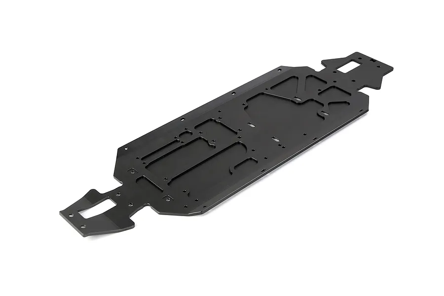 A black Rovan aluminium V5 main chassis plate for an RC car, viewed from an elevated angle against a white background.