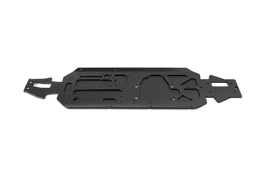 A black Rovan V5 aluminium main chassis plate for an RC car, featuring various cutouts and mounting holes, isolated on a white background.