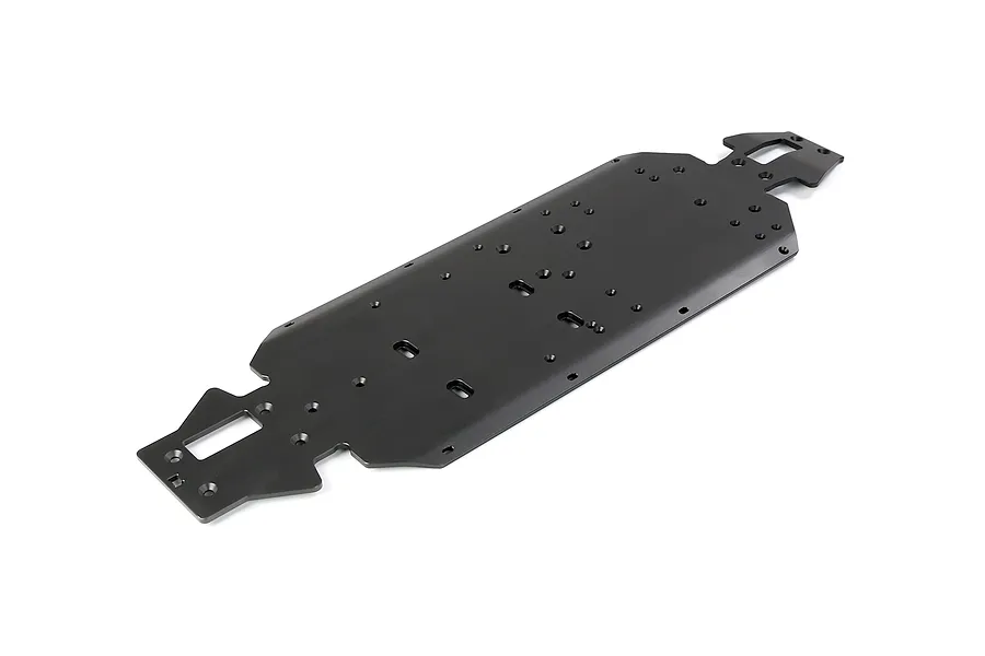 A black Rovan V5 aluminium main chassis plate for an RC car, shown from a high-angle perspective against a white background.