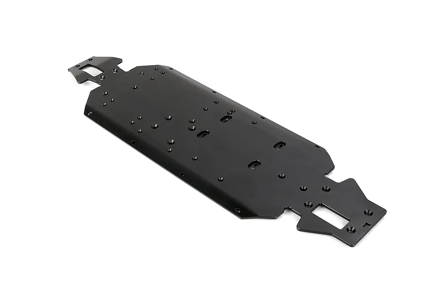 A black Rovan aluminium V5 main chassis plate for an RC car, shown from an elevated angle against a white background.