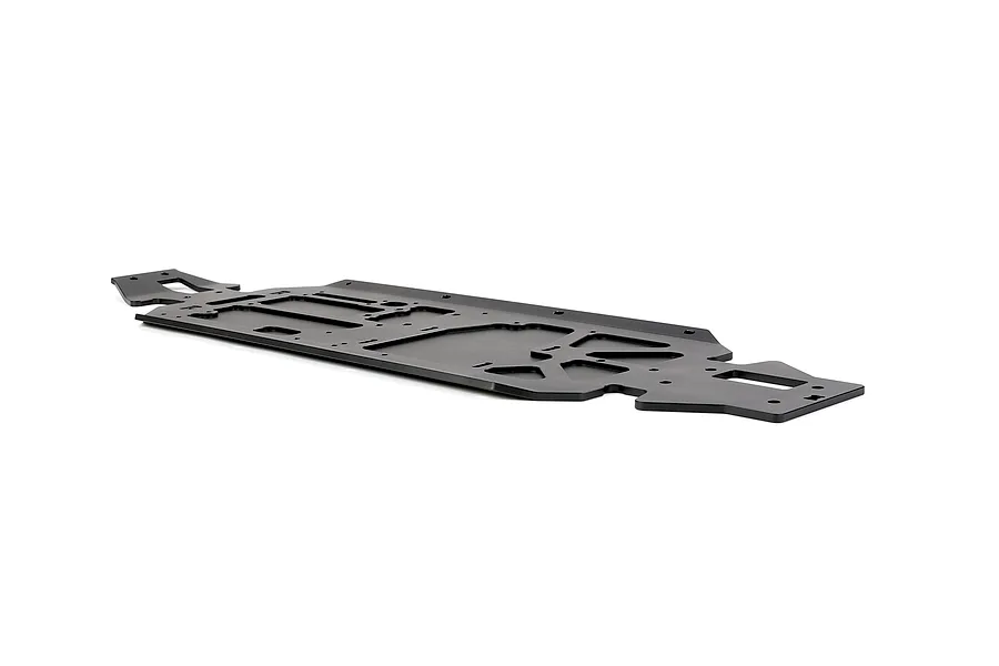 A black Rovan aluminium V5 main chassis plate for an RC car, shown from a low-angle perspective against a white background.