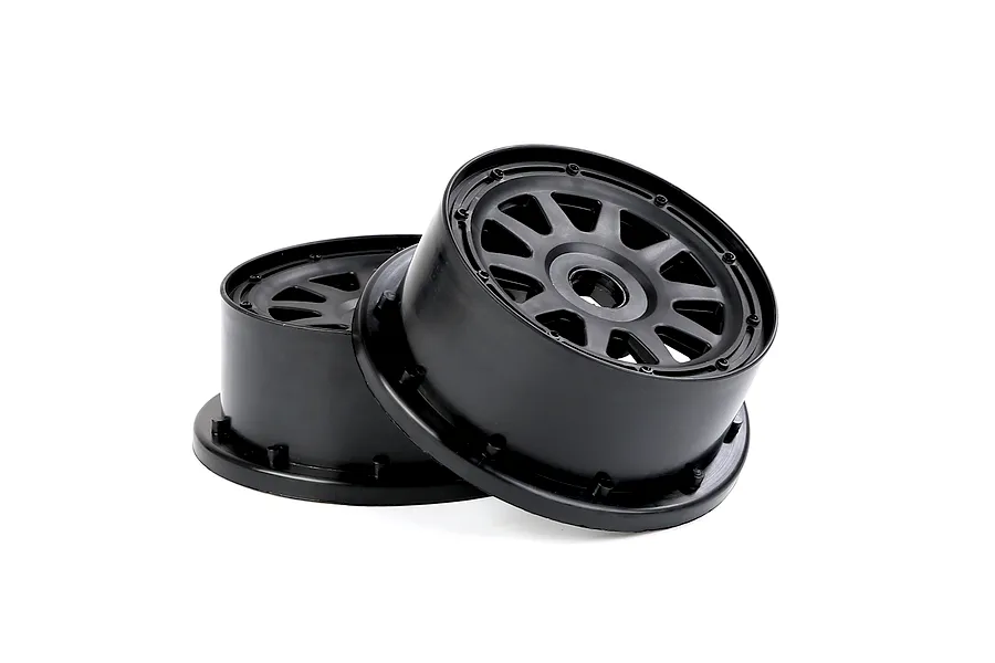Two black Rovan 1/5 scale short course RC rear rims stacked on a white background.
