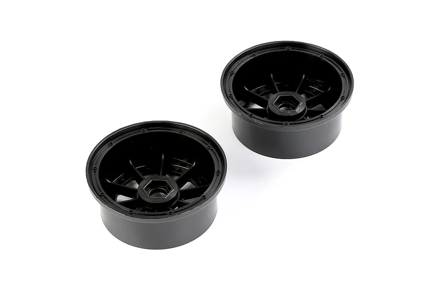 Two black plastic 1/5 scale RC short course rear rims shown from an angled perspective on a white background.