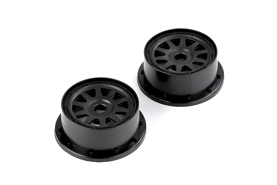 Two black Rovan 1/5 scale short course rear rims for RC cars, shown from a high angle against a white background.
