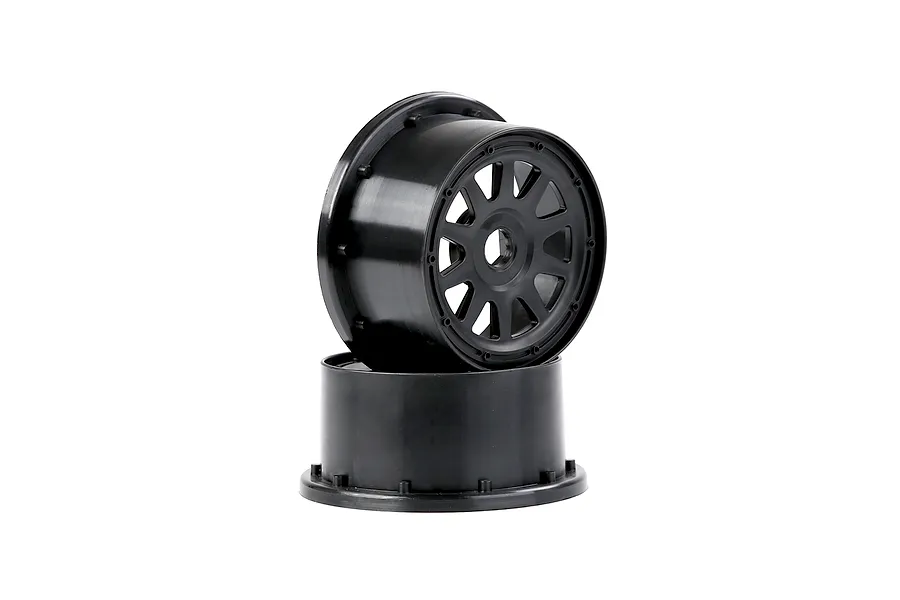 Two black Rovan 1/5 scale short course rear rims stacked on a white background.